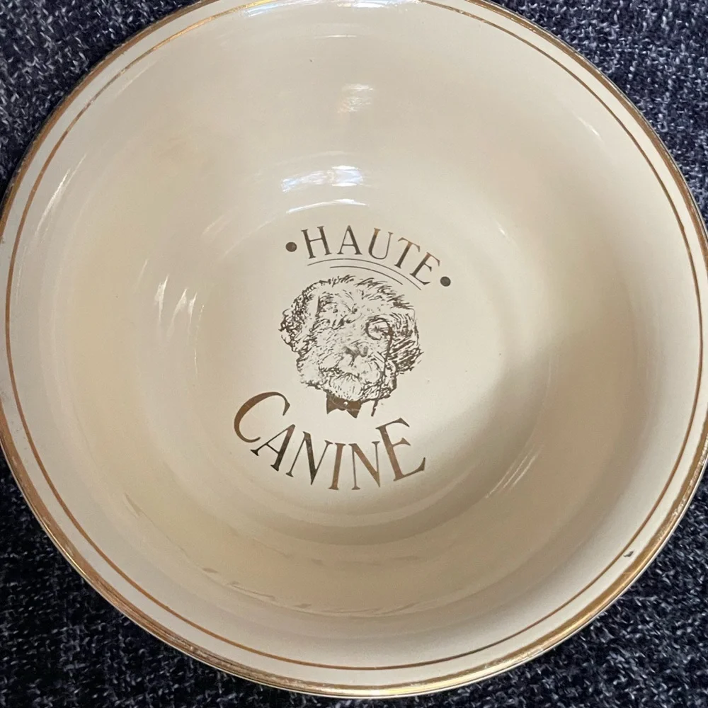 Vintage Hall ‘Haute Canine’ Dog Bowl in Cream 392 & Gray Bowl 395 w Gold Trim